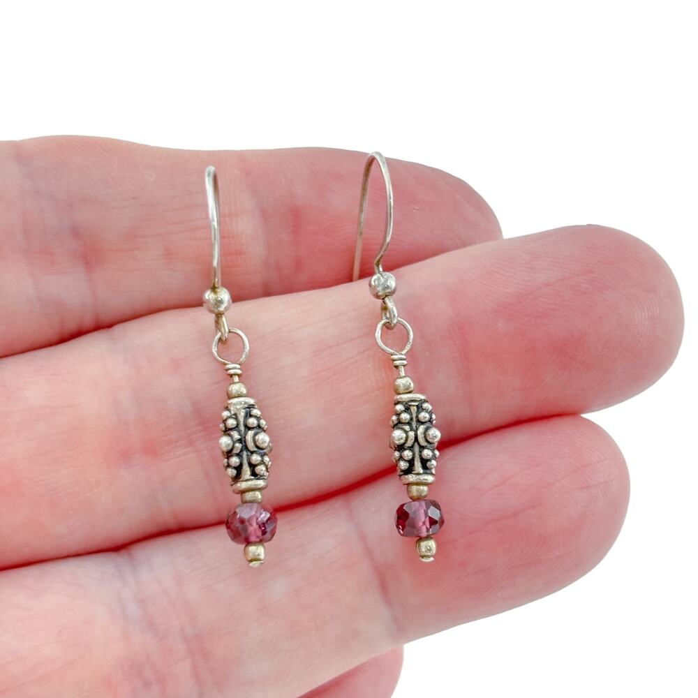 Vintage Sterling Silver 925 Garnet Bead Dangle Earrings